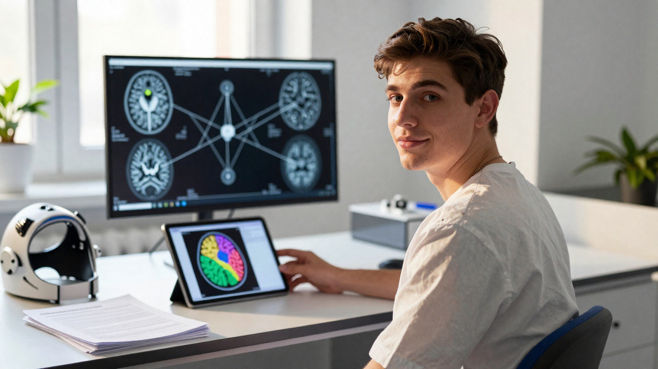 Jovem a analisar imagens coloridas de estudos cerebrais num tablet e num ecrã de computador num ambiente de escritório.