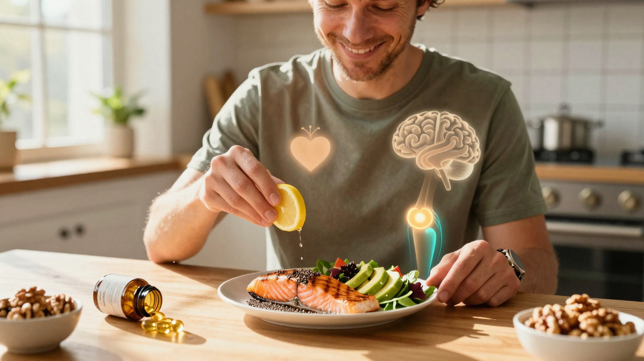 Homem a temperar salmão e salada com limão, com ilustrações de cérebro e coração à sua frente.