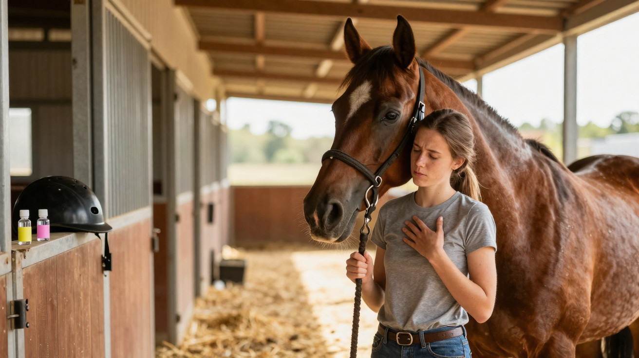 Mulher com expressão preocupada segura rédea de cavalo castanho numa cavalariça.