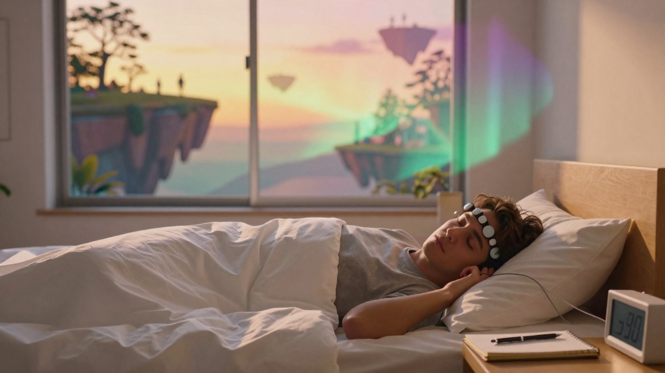 Jovem deitado na cama com dispositivo na cabeça, a dormir, numa divisão com janela e despertador digital.