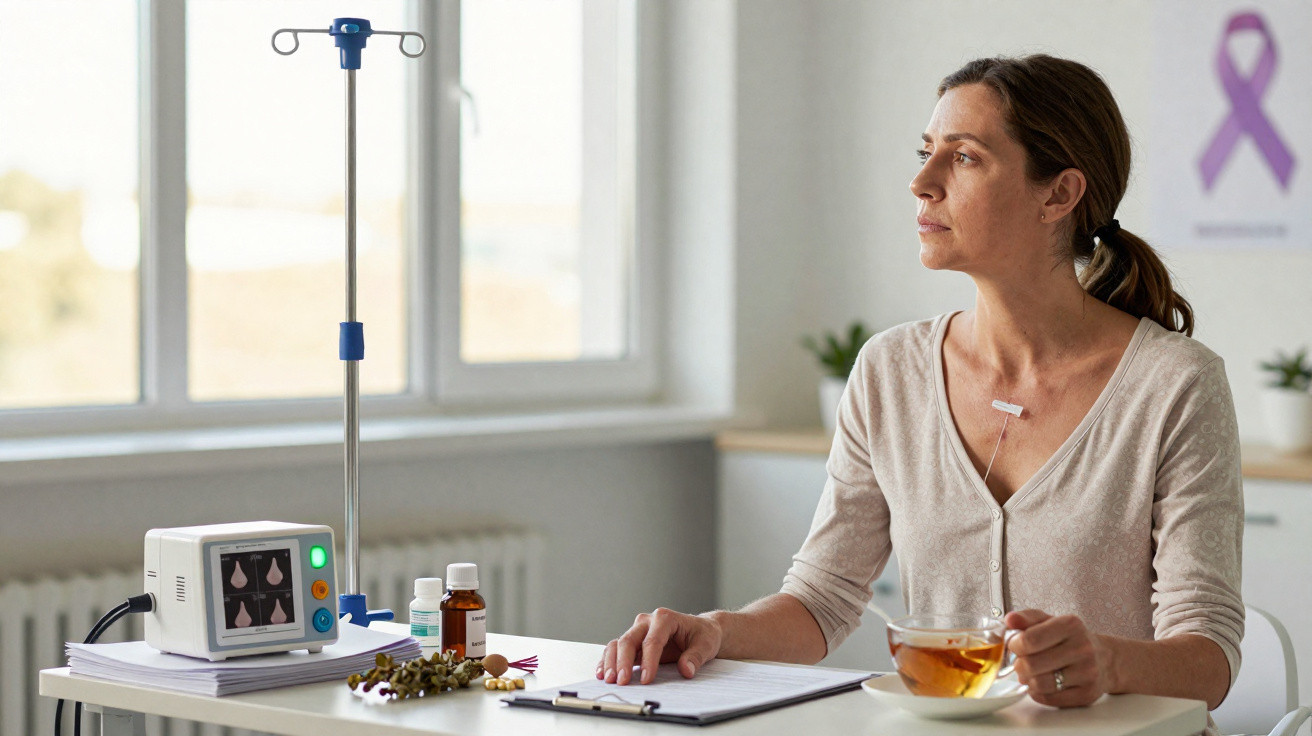 Mulher em consulta médica a beber chá, com equipamento médico e sinal de consciencialização do cancro no fundo.