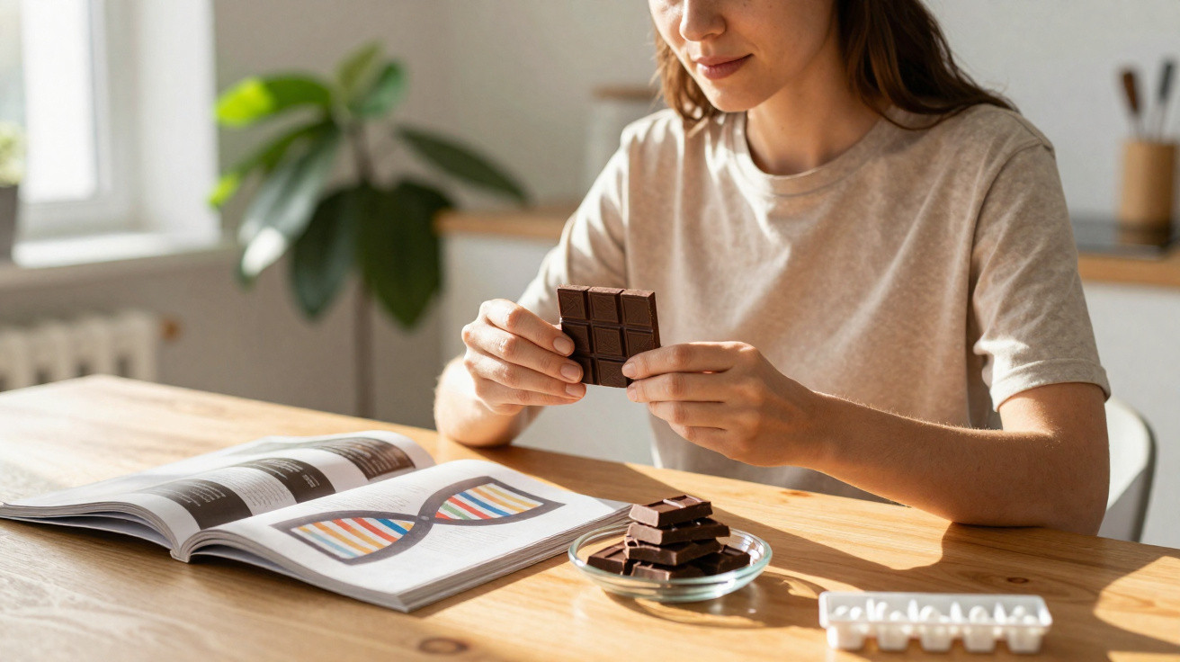 Mulher sentada a ler sobre ADN enquanto parte uma tablete de chocolate numa cozinha iluminada.