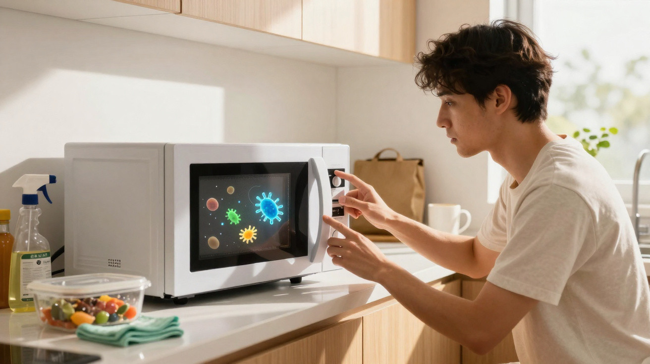 Homem a abrir micro-ondas na cozinha com ilustração digital de vírus no vidro do aparelho.