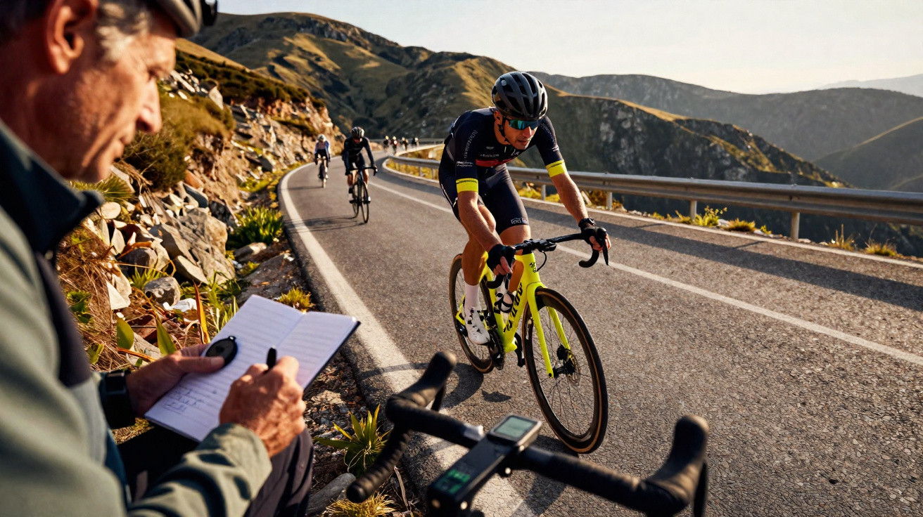 Ciclista profissional em competição numa estrada de montanha, com treinador a anotar resultados ao lado.