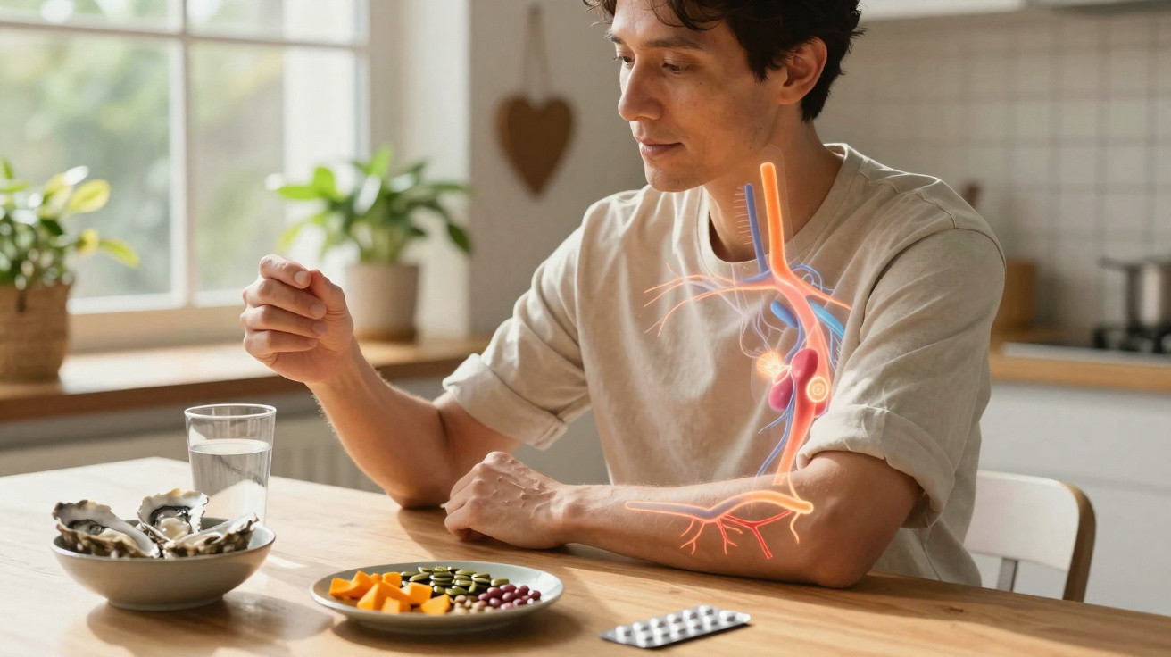 Homem sentado à mesa com suplementos e comida, com ilustração digital do sistema cardiovascular no braço.