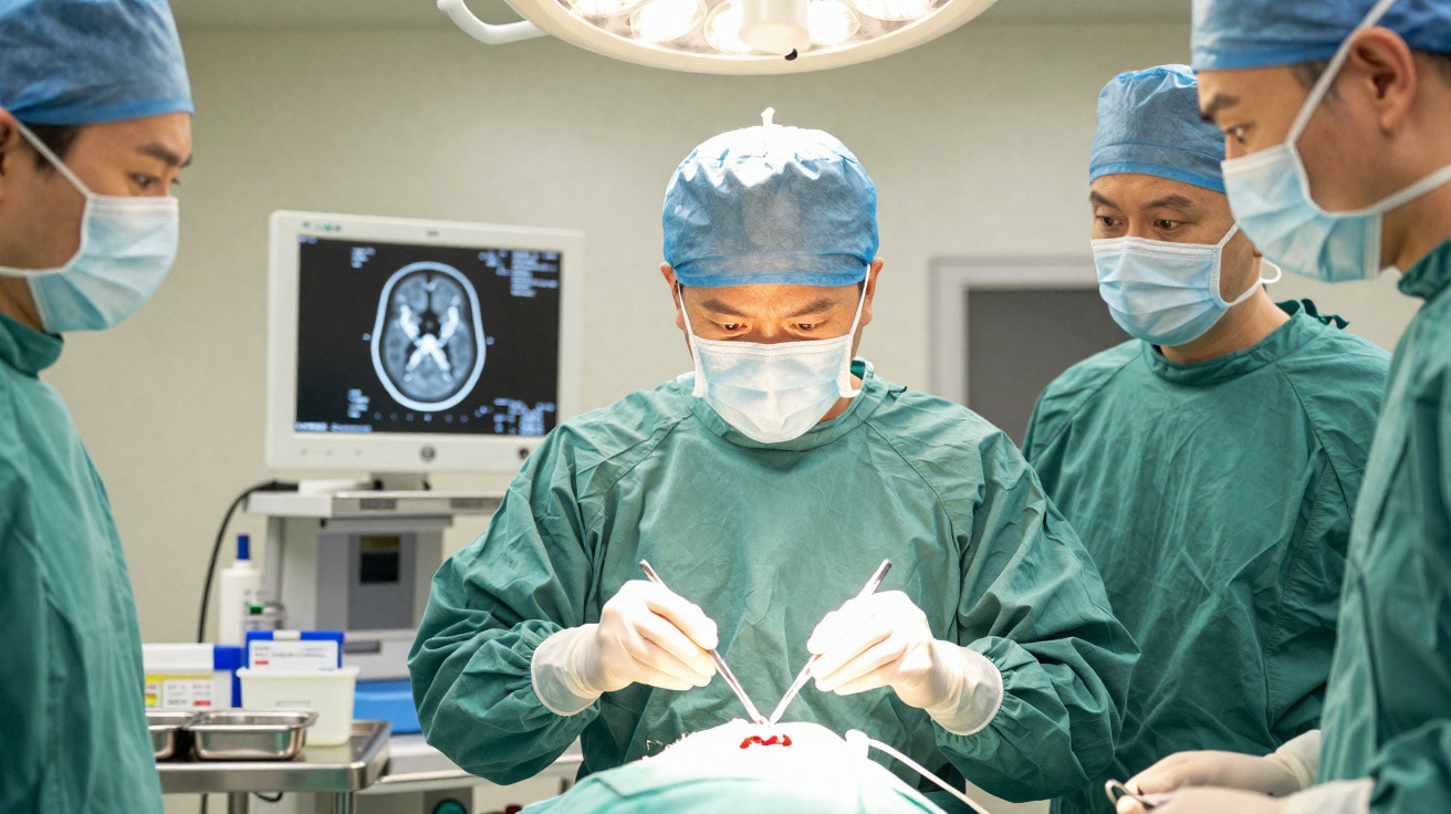 Equipa médica realiza cirurgia num paciente, com monitor de cérebro visível ao fundo na sala de operações.