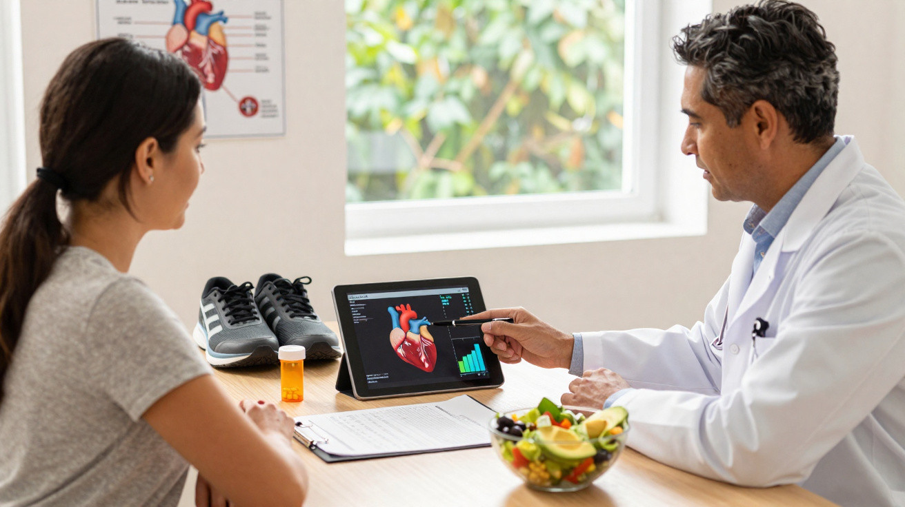 Médico explica diagnóstico cardíaco a paciente usando tablet, com sapatilhas, medicação e salada na mesa.