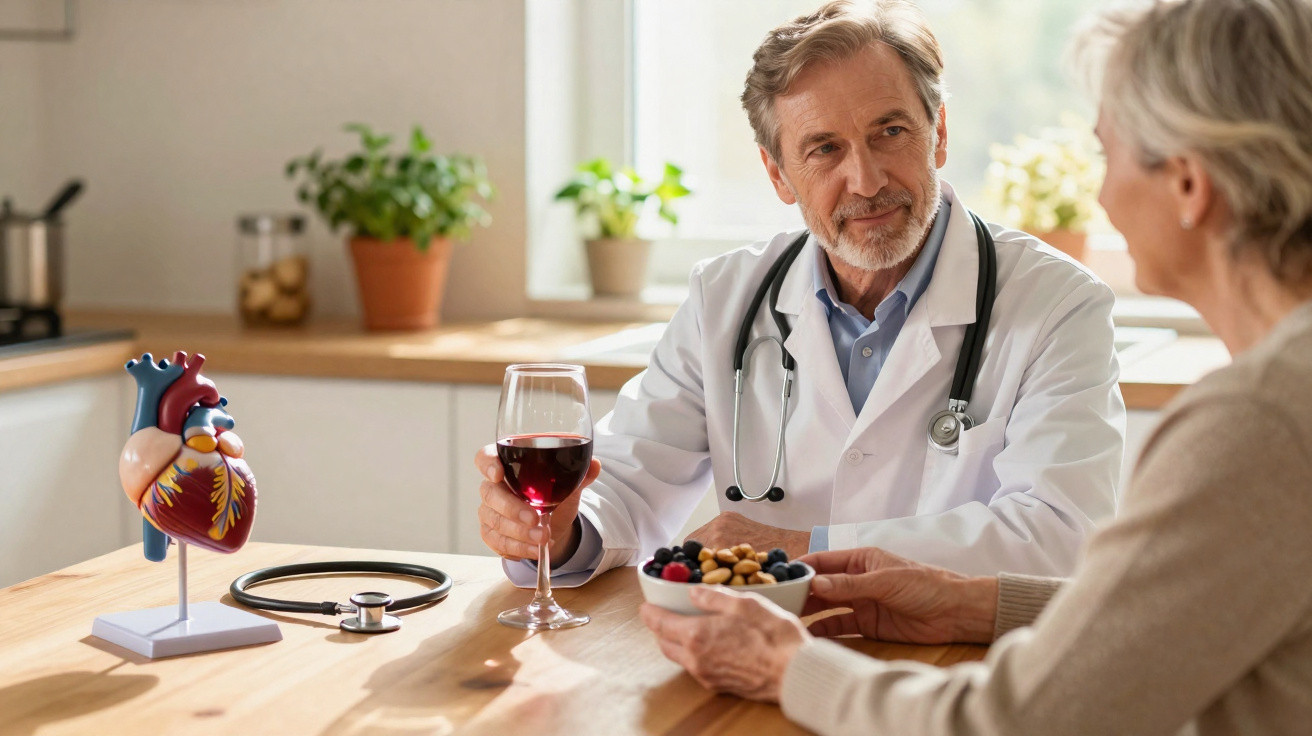 Médico conversa com idosa enquanto segura copo de vinho, com modelo de coração e snacks na mesa.