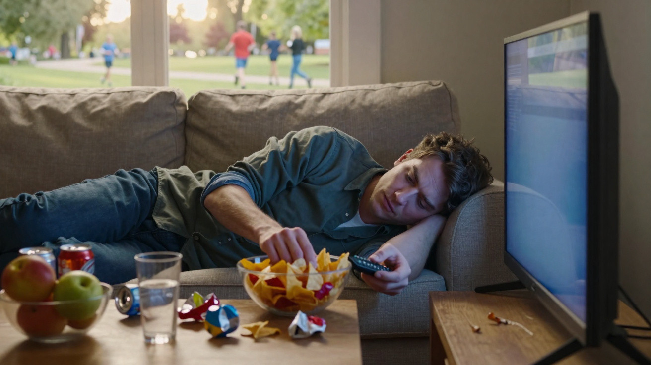Homem deitado no sofá a ver televisão, com snacks e bebidas na mesa à frente.