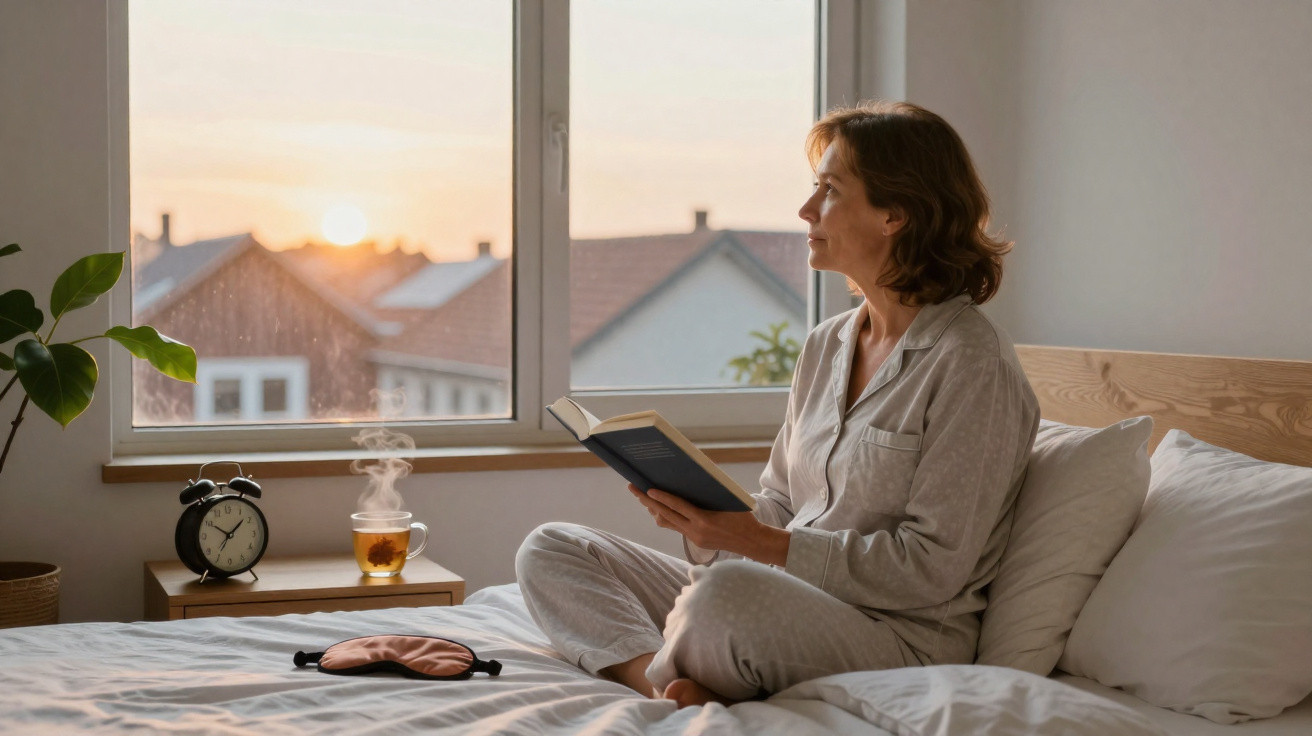 Mulher de pijama sentada na cama a ler livro, olhando pela janela ao nascer do sol.