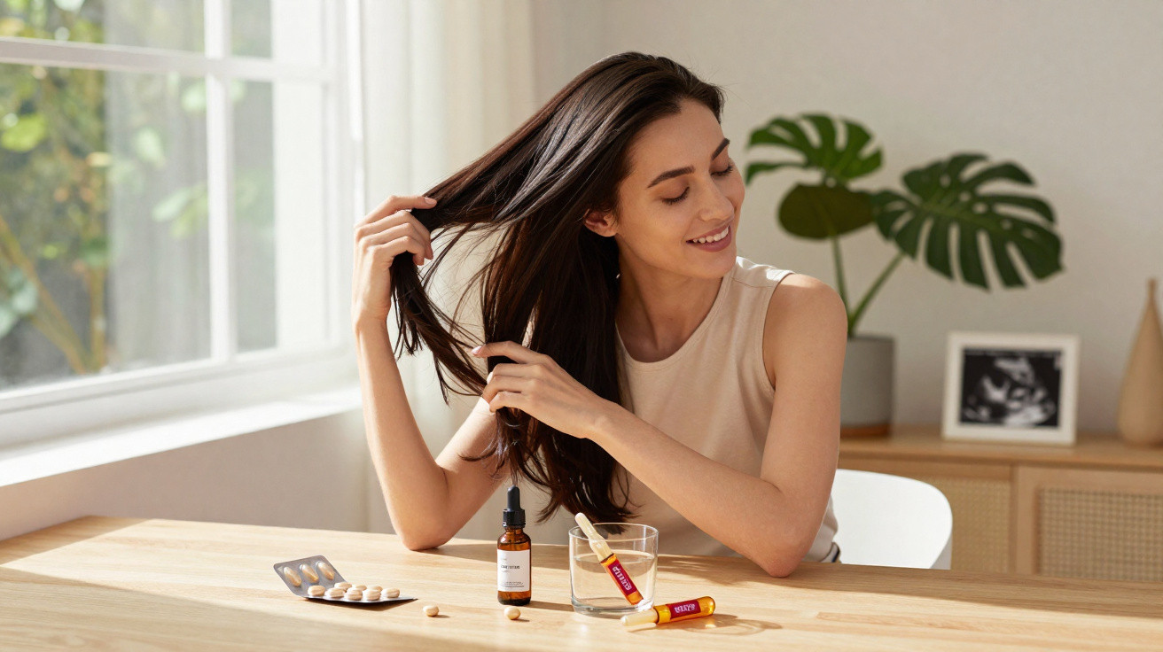 Mulher com cabelo longo a aplicar produtos de cuidado capilar sentada numa mesa iluminada pela luz natural.