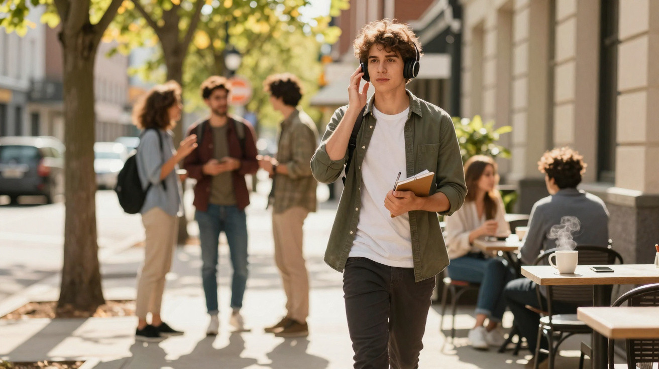 Jovem com auscultadores e caderno caminha na rua, enquanto grupo conversa e pessoas tomam café numa esplanada.