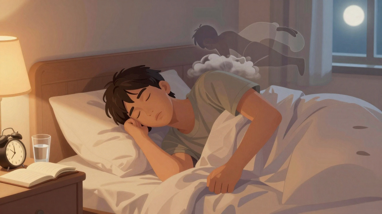Jovem a dormir na cama enquanto é mostrado o seu espírito a sair do corpo, luz da lua na janela.