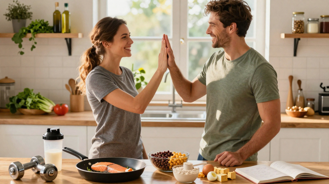 Casal saudável dá high five na cozinha com alimentos saudáveis e halteres na bancada.