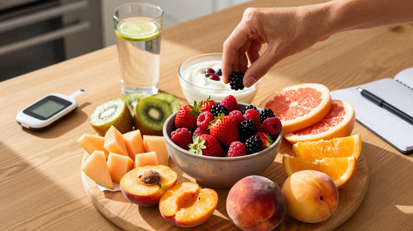 Mão a colocar amora em iogurte, com várias frutas frescas cortadas e medidor de glicose numa mesa de madeira.