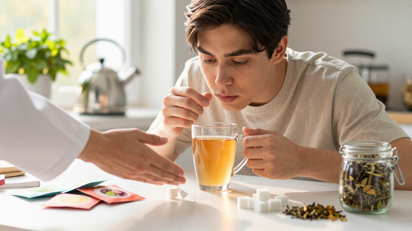 Jovem prepara chá com cubos de açúcar e folhas de chá numa cozinha iluminada.