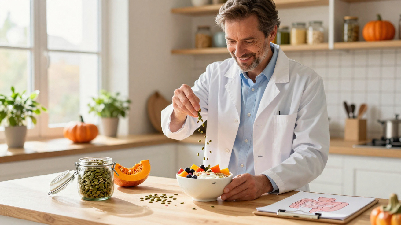 Nutricionista a salpicar sementes numa taça de frutas e iogurte numa cozinha iluminada.