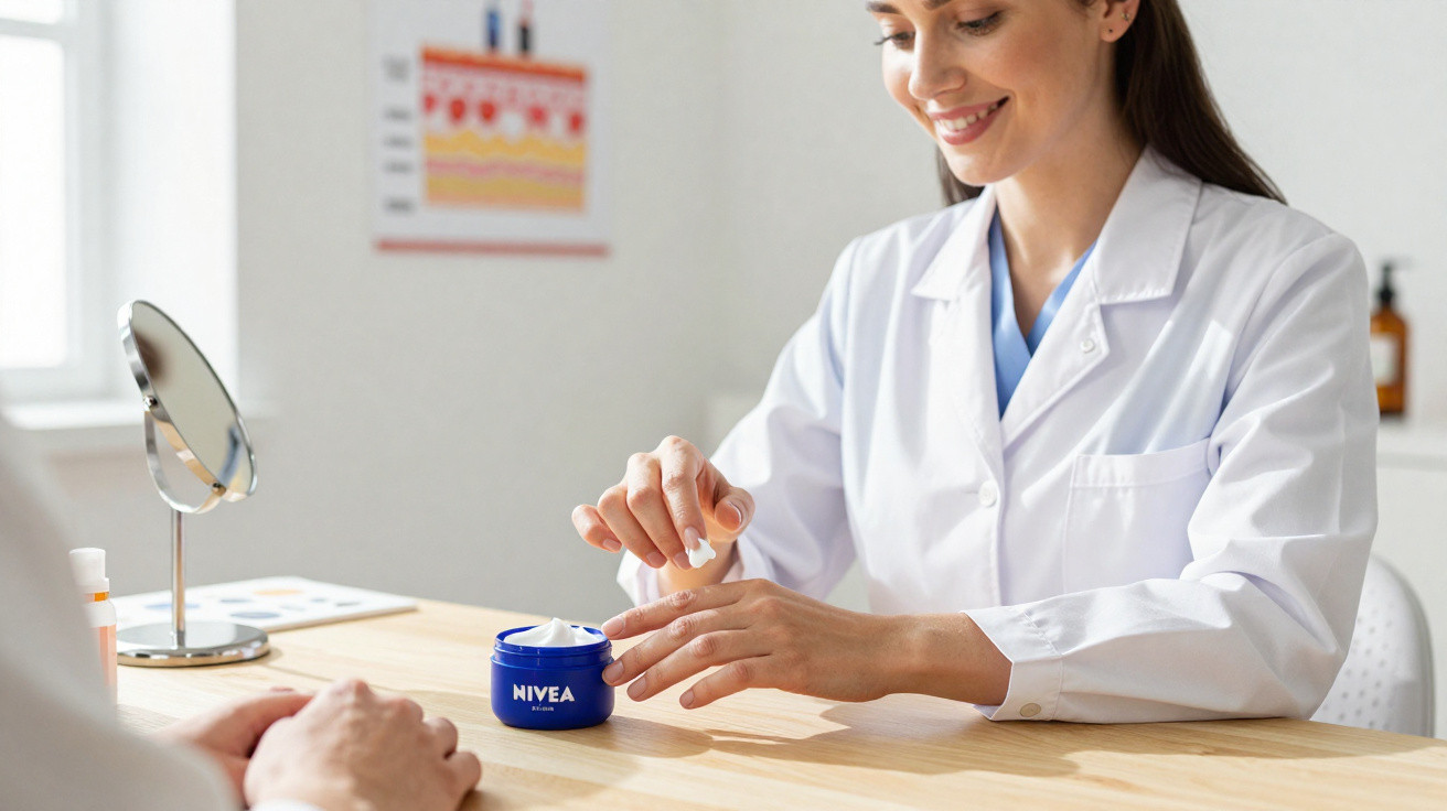 Especialista em dermatologia aplica creme Nivea nas mãos durante consulta num consultório iluminado.