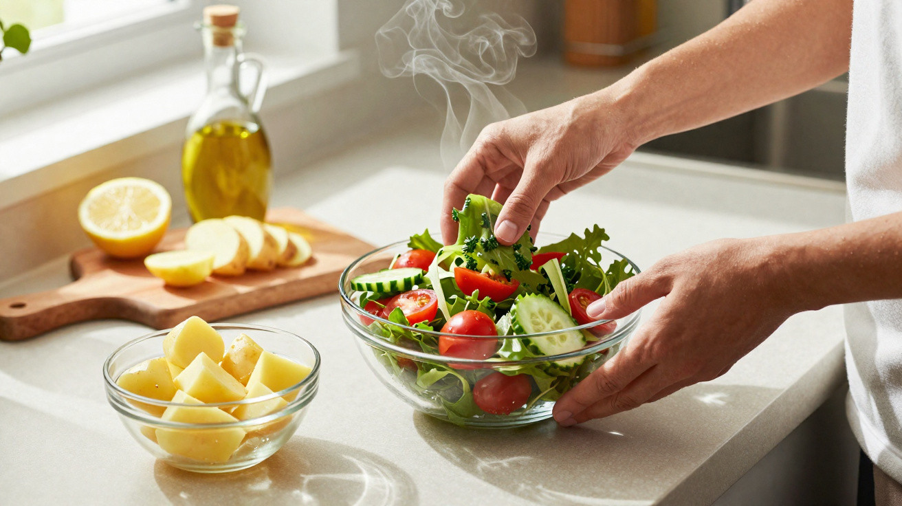 Mãos a preparar salada fresca com tomate, pepino e alface numa taça de vidro na cozinha iluminada.