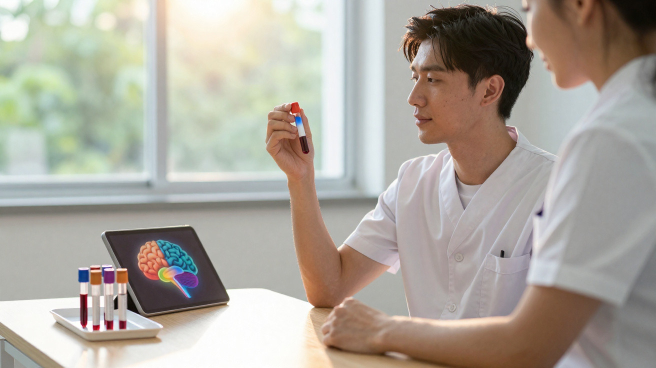 Dois profissionais de saúde analisam um tubo de ensaio com sangue, com imagem digital do cérebro no tablet à frente.