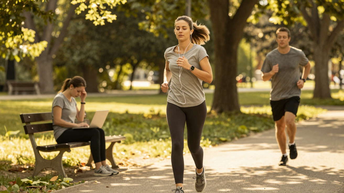 Mulher a correr com auriculares e relógio, homem a correr atrás e pessoa sentada a usar portátil no parque.