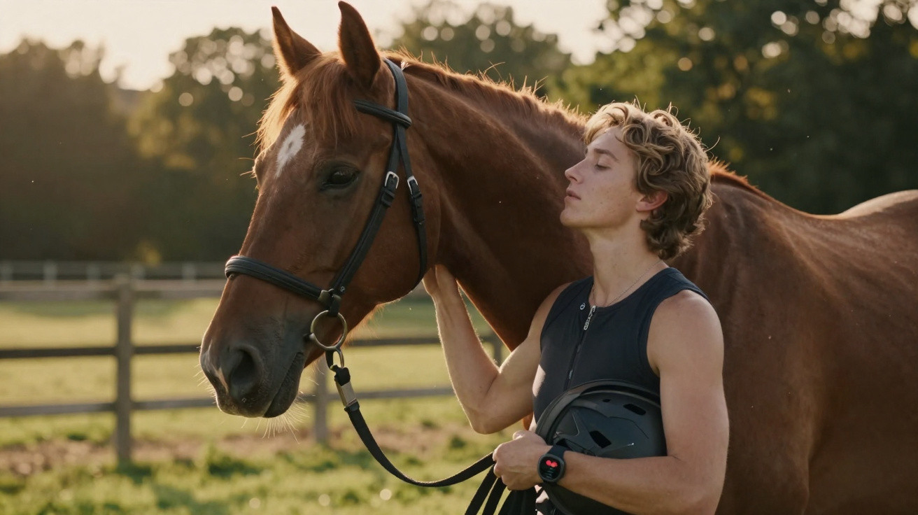 Jovem com fato de equitação acaricia cabeça de cavalo castanho junto a cerca em campo ao pôr do sol.