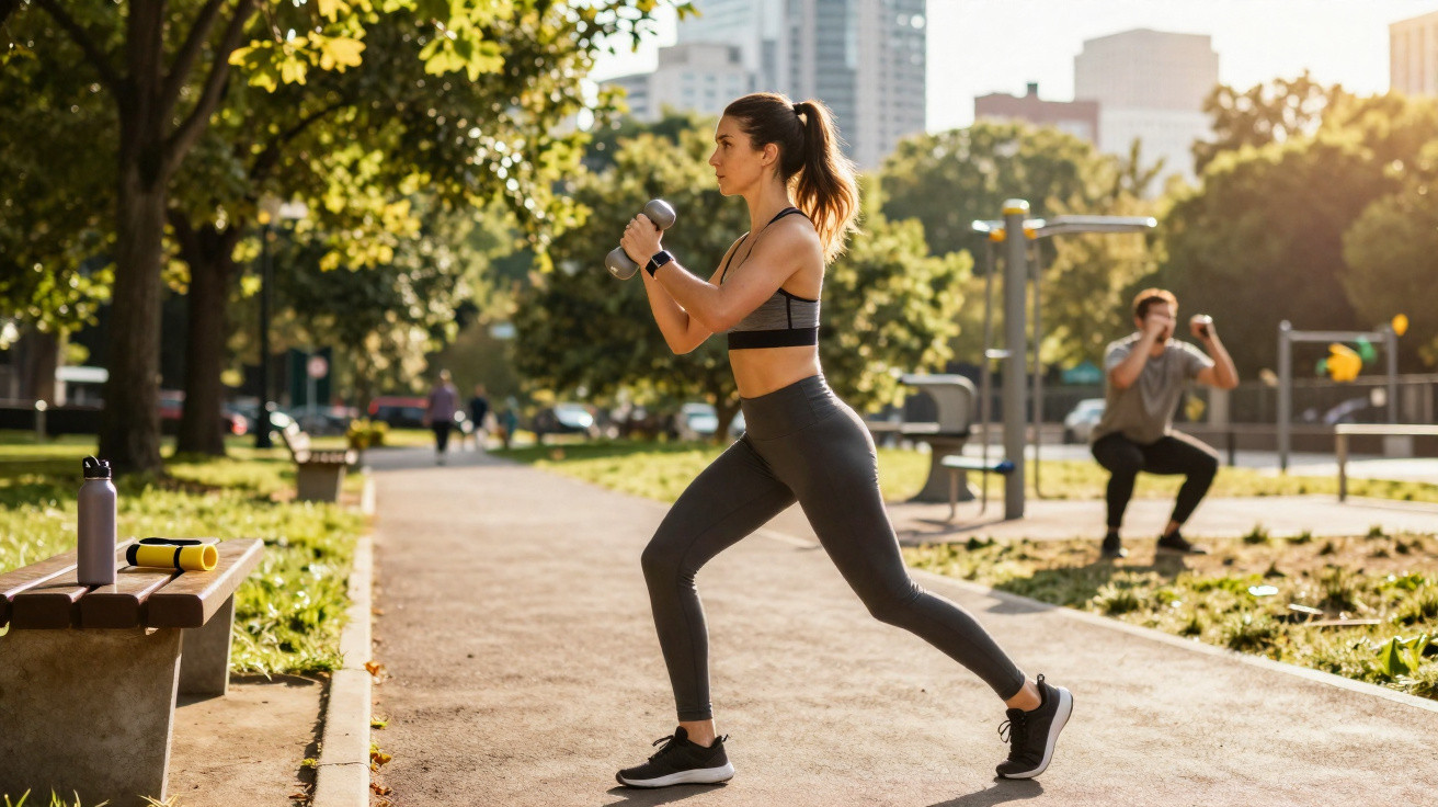 Mulher a fazer exercício com halteres num parque urbano com árvores e edifícios ao fundo ao pôr do sol.