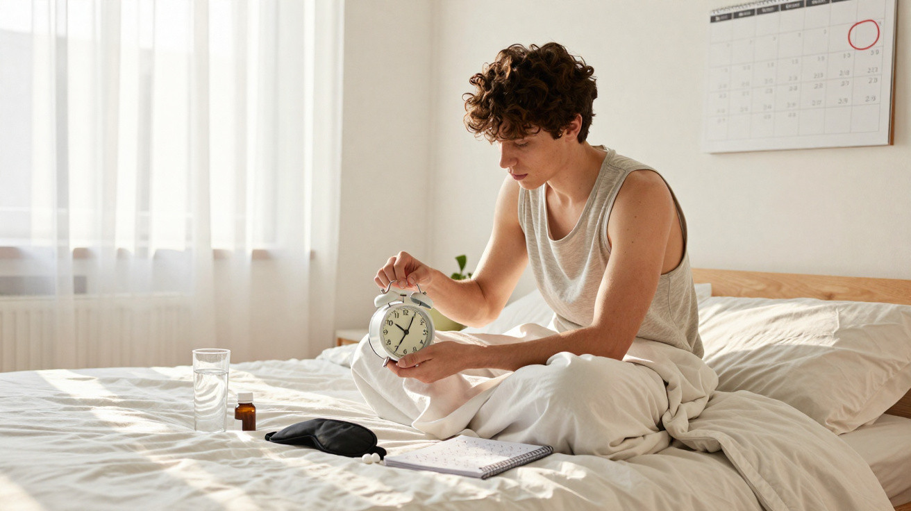 Jovem acordado na cama ajusta despertador, ao lado tem copo de água, remédios, máscara de dormir e caderno.