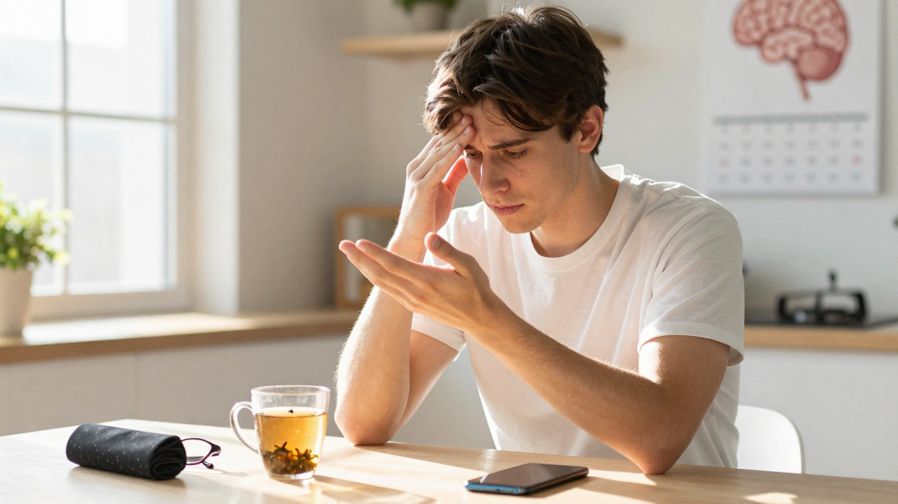 Jovem sentado à mesa com expressão de dor, segurando a cabeça, com chá e telemóvel à sua frente.