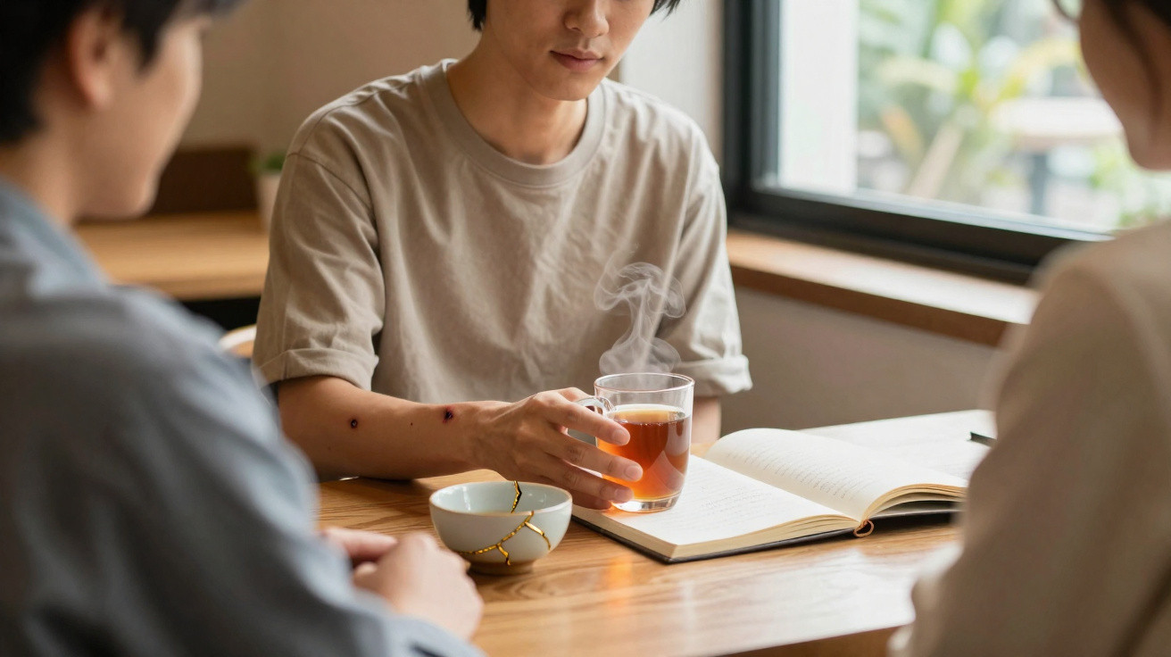 Pessoa sentada à mesa com chá quente e livro aberto, em conversa com outras duas pessoas.