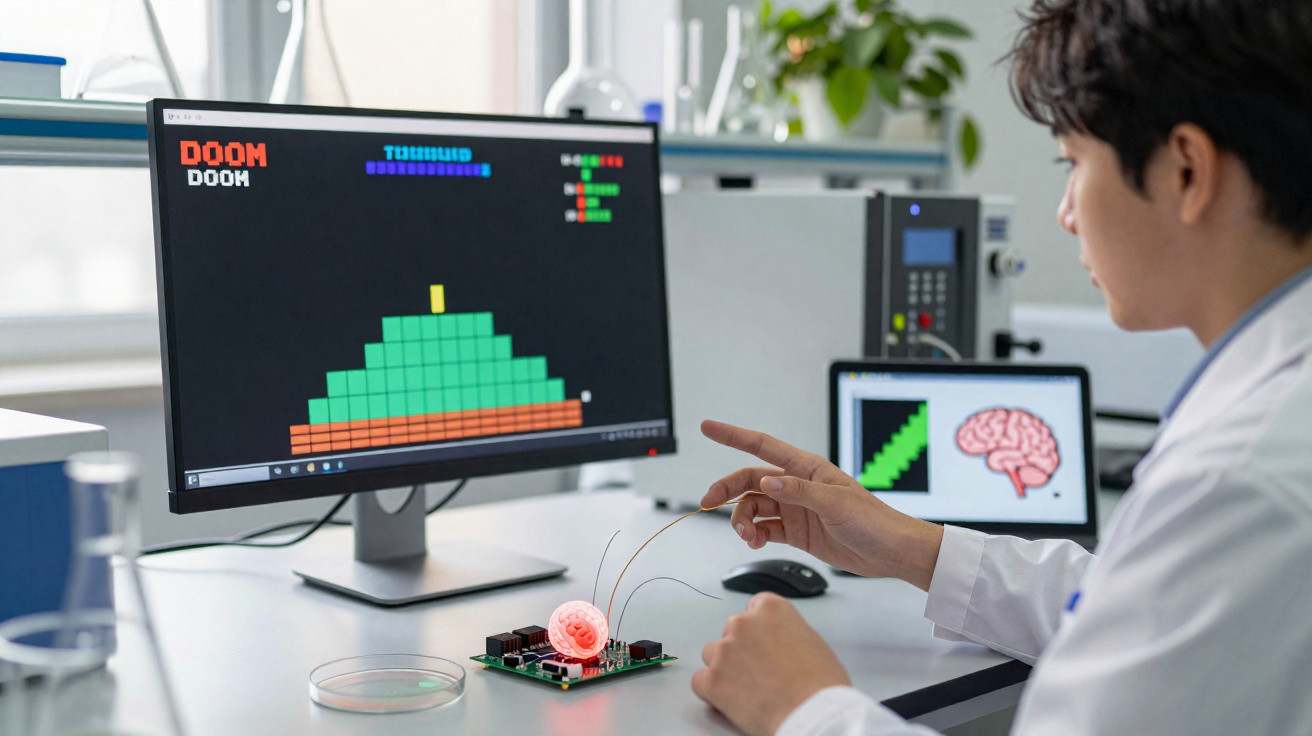 Homem a usar tecnologia e gráficos no computador para trabalho de ciência ou engenharia em laboratório moderno.