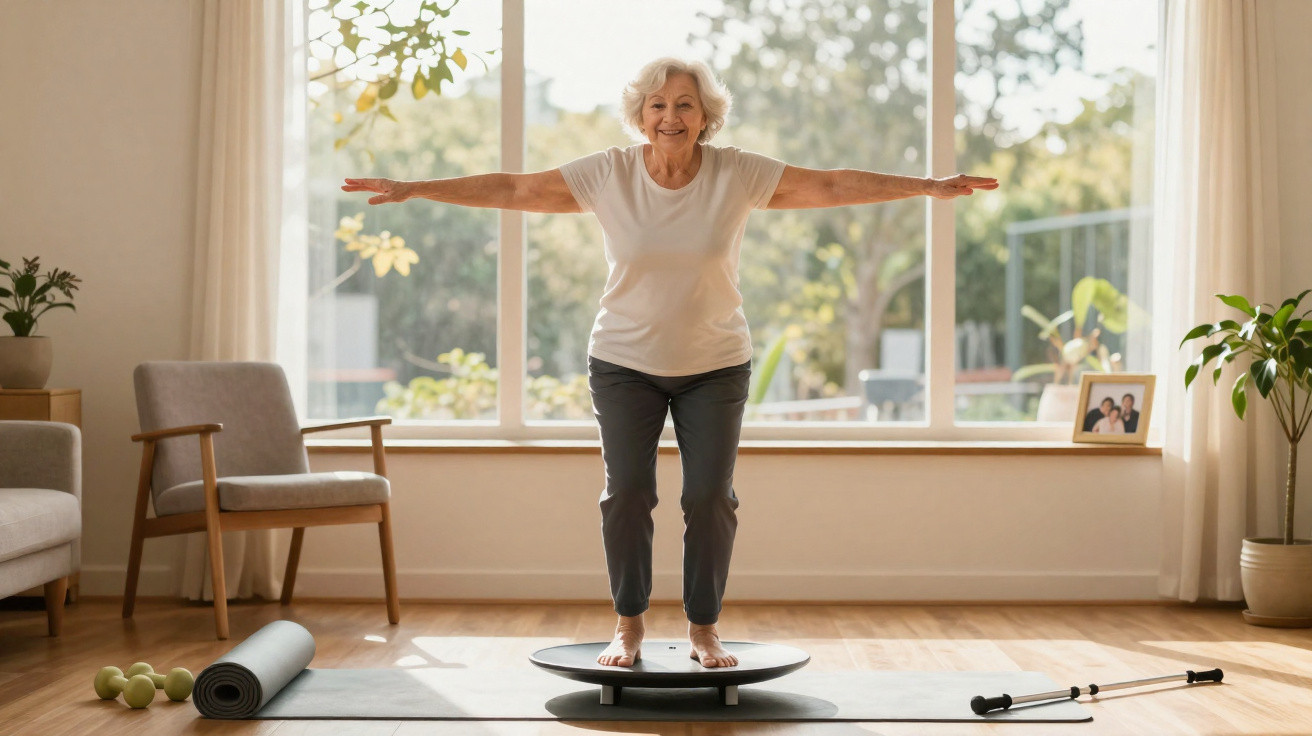 Mulher idosa sorridente faz exercício de equilíbrio em prancha dentro de uma sala luminosa.