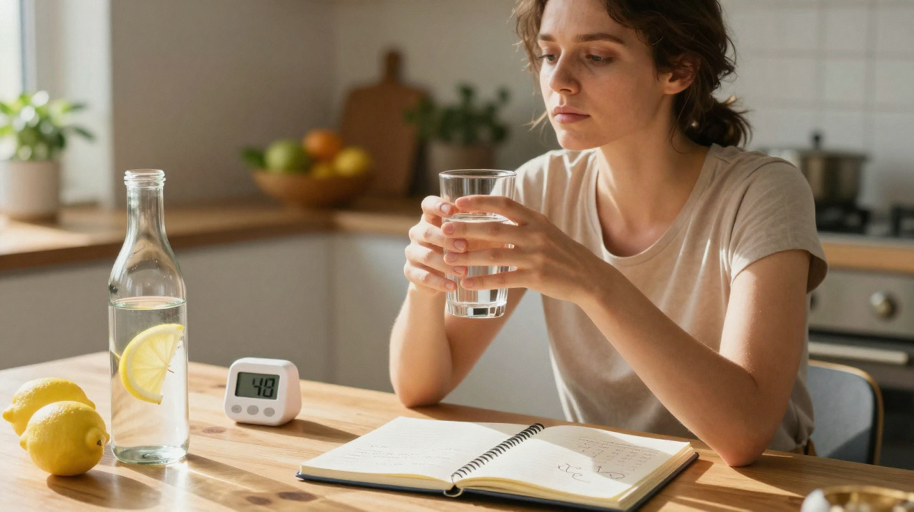 Mulher sentada à mesa com copo de água, garrafa com limão, bloco de notas e temporizador digital.