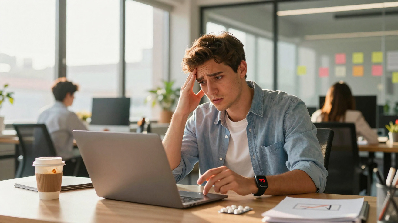 Homem preocupado a olhar para o portátil numa mesa de escritório com comprimidos e café ao lado.