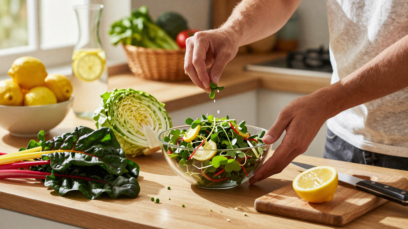 Pessoa tempera salada fresca com limão e folhas verdes numa cozinha moderna e luminosa.