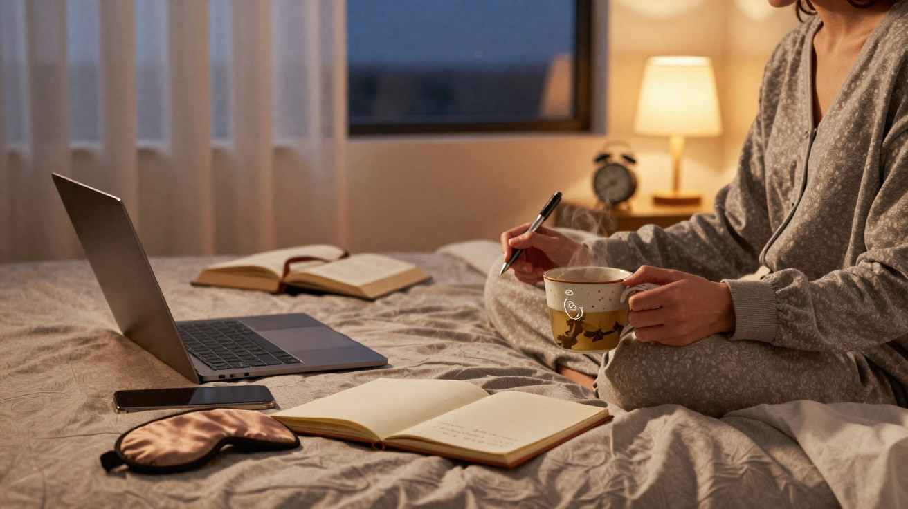 Pessoa em pijama a escrever num caderno à noite na cama, com computador, telemóvel e chá ao lado.