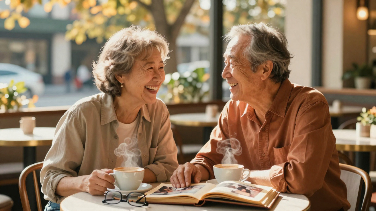 Casal sénior sorridente a conversar e beber café numa mesa com um álbum fotográfico num café iluminado.