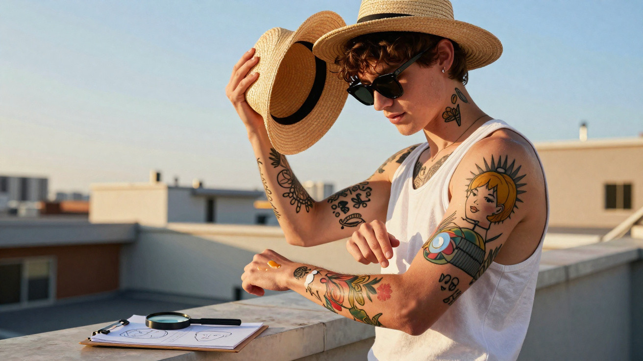 Jovem com tatuagens usando chapéu e óculos de sol aplica protetor solar num terraço ao pôr do sol.