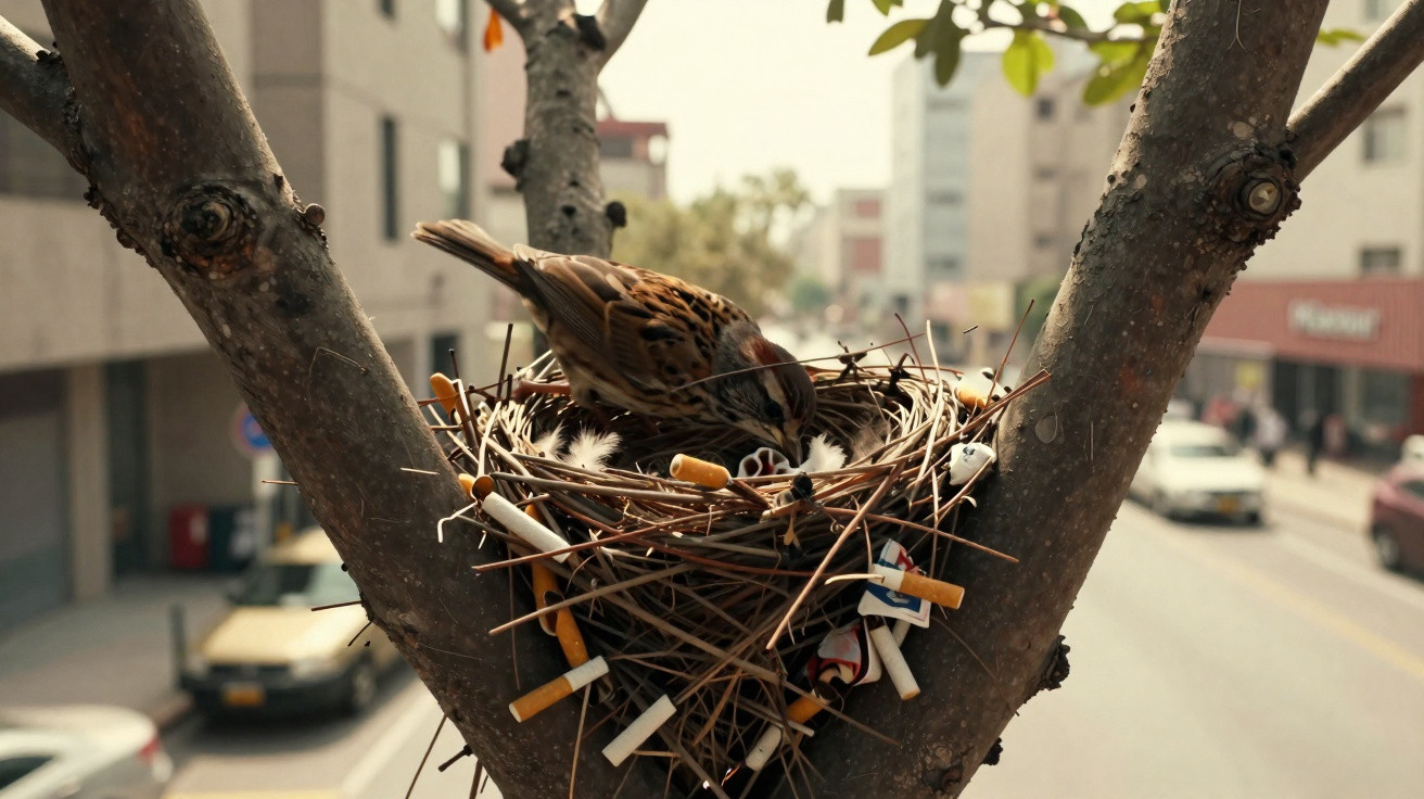 Pardal numa árvore alimentando pintainhos num ninho cheio de beatas de cigarro no meio da cidade.