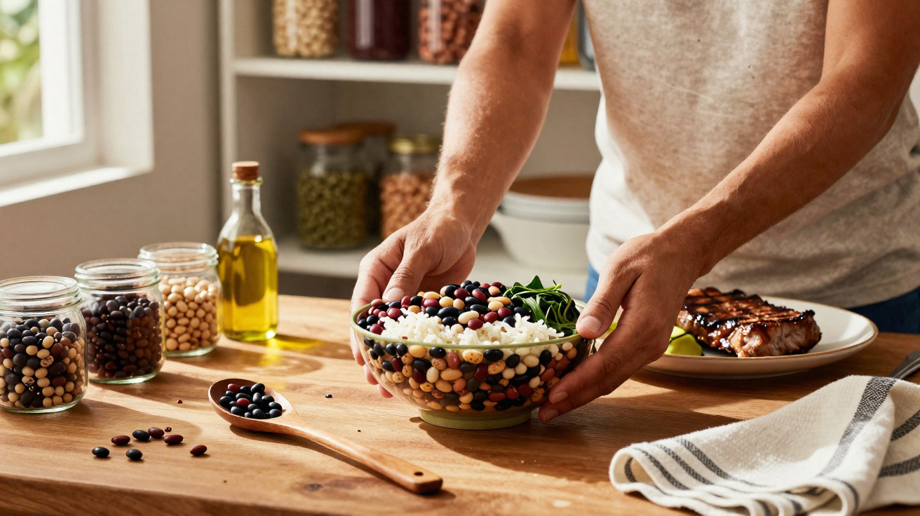 Pessoa a preparar refeição com feijão, arroz e vegetais numa tigela, ao lado de garrafas e frascos na cozinha.