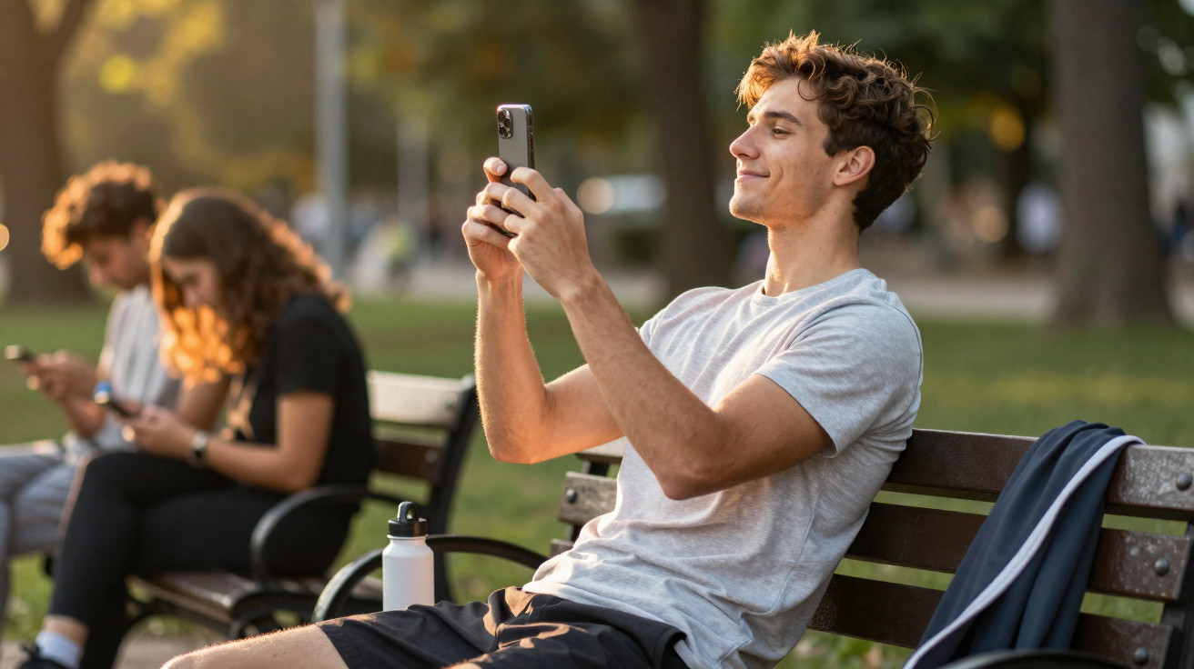 Jovem sentado num banco no parque tira selfie com telemóvel ao entardecer, outras pessoas usam telemóveis ao fundo.