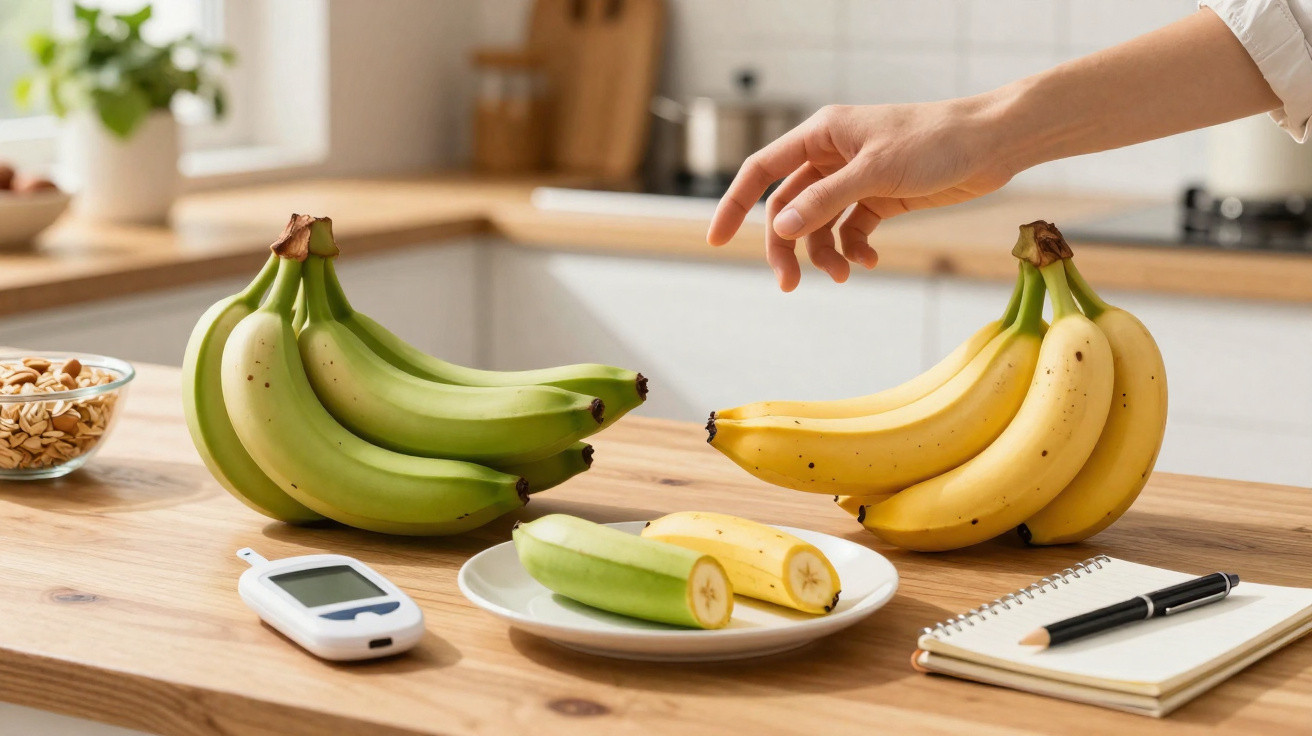 Várias bananas verdes e maduras numa bancada de cozinha, com uma mão a apanhar uma banana madura.