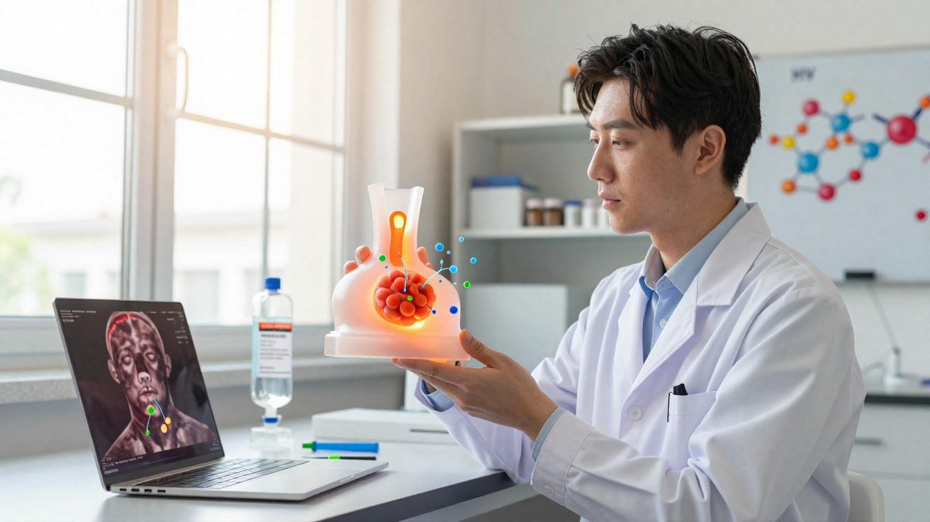 Cientista em laboratório a observar modelo 3D interativo do sistema respiratório, com computador ao lado.