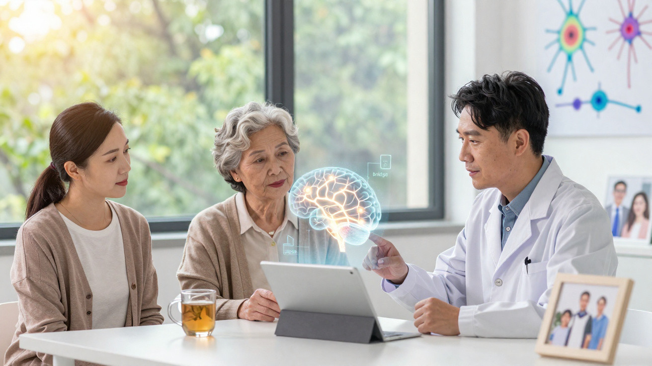 Médico explica imagem holográfica do cérebro a mulher idosa e acompanhante numa consulta médica.