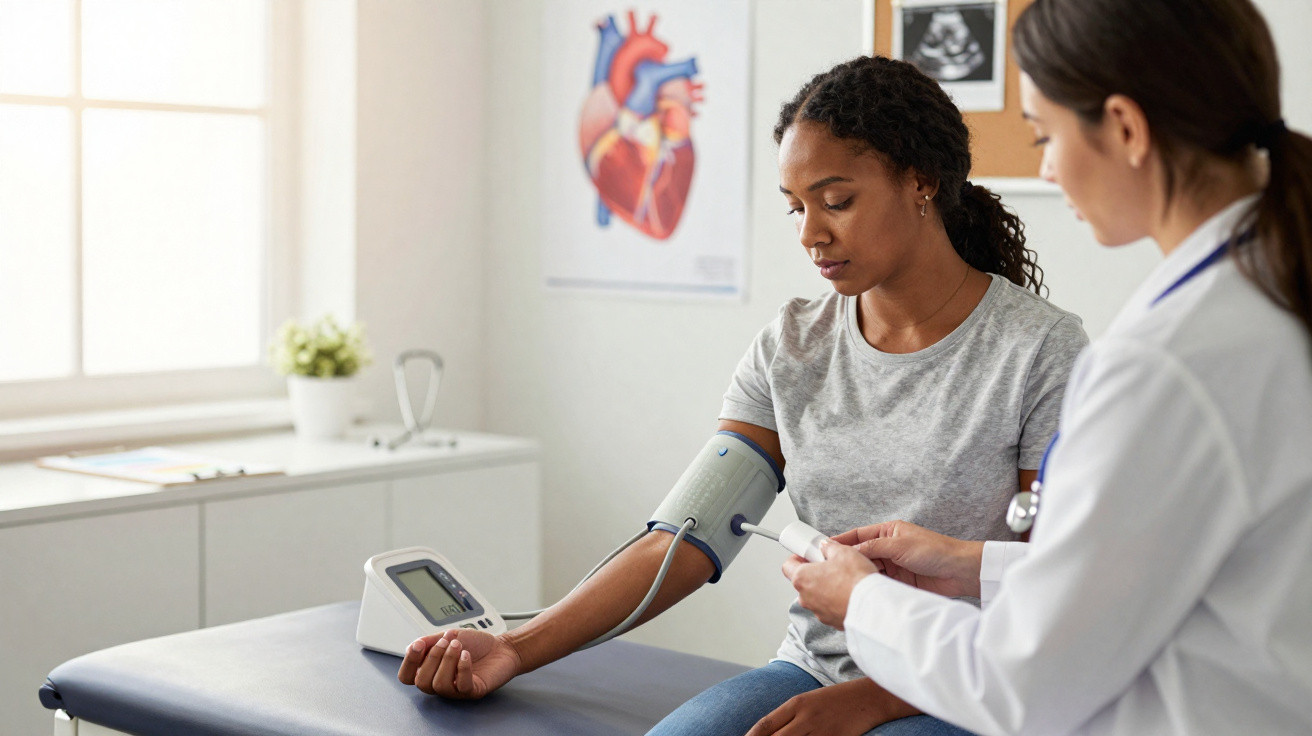 Paciente a fazer medição de pressão arterial por profissional de saúde num consultório médico.