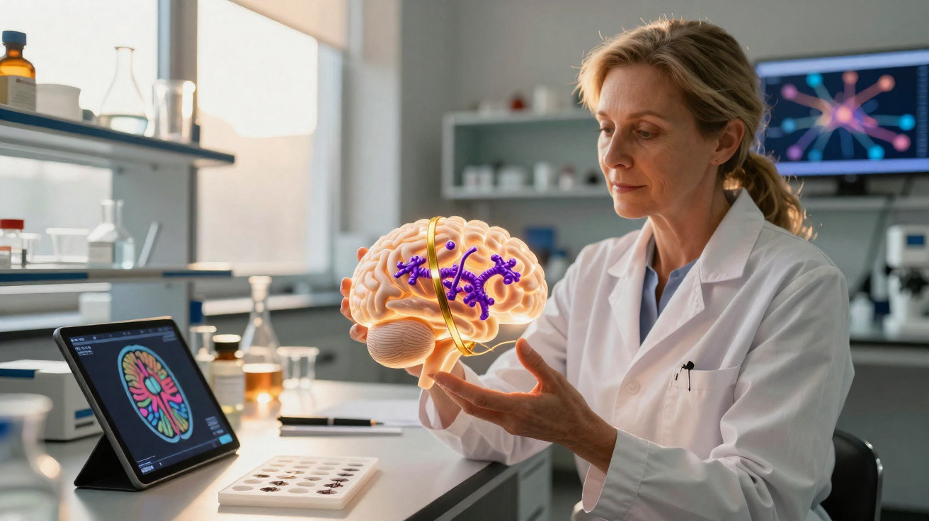Cientista a analisar modelo digital de cérebro com vírus em laboratório moderno e iluminado.