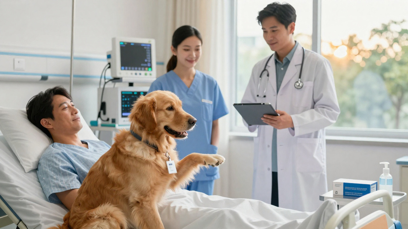 Paciente hospitalizado recebe visita de cão terapeuta enquanto médicos observam e sorriem na enfermaria.