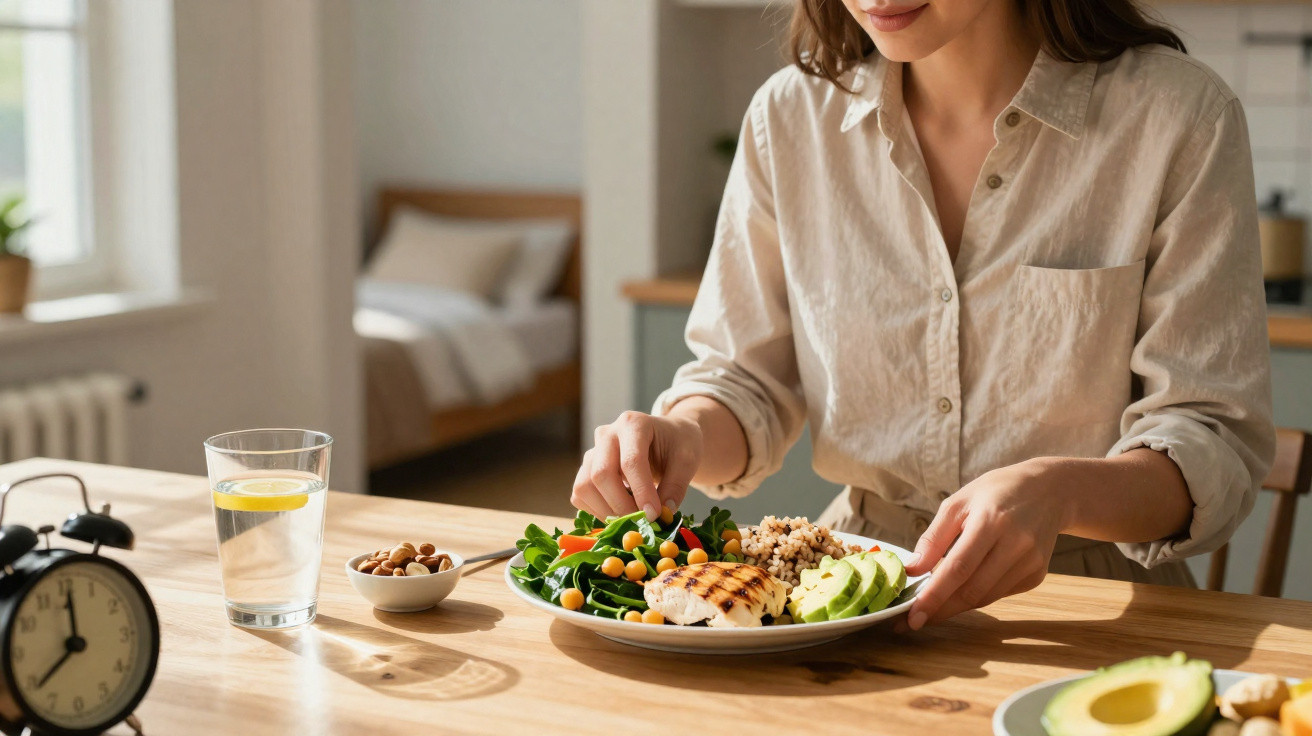 Mulher a preparar salada com frango grelhado, abacate e legumes à mesa de madeira, com copo de água e relógio.