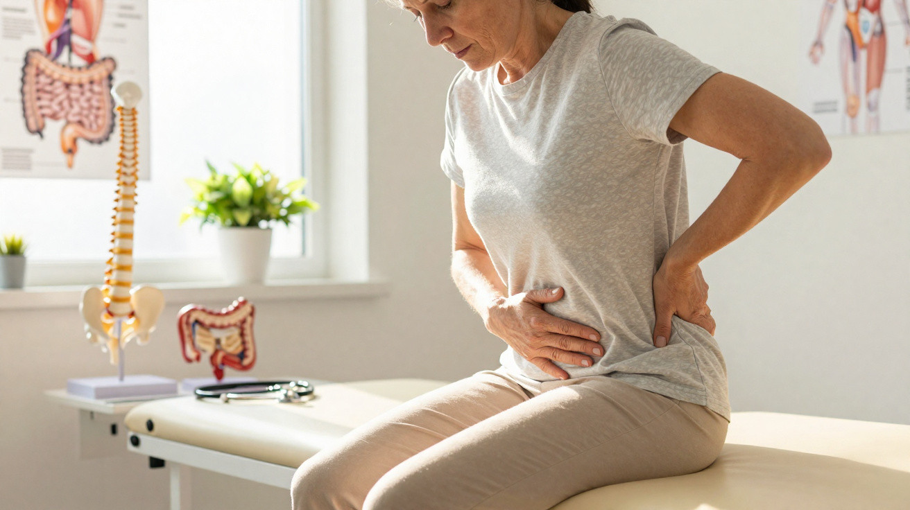 Mulher sentada em consultório médico com expressão de dor na região abdominal e das costas.