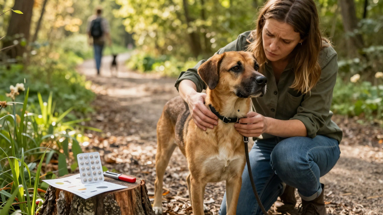 Mulher verifica coleira eletrónica num cão castanho num parque rodeado de vegetação.